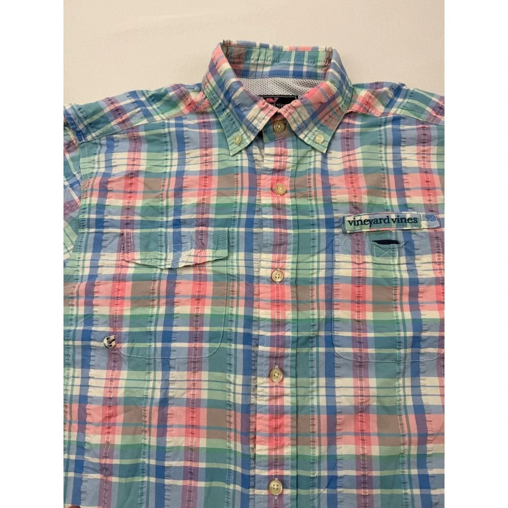 Vineyard Vines Harbor Shirt Mens Medium Multicolor Plaid Seersucker Fishing Vent